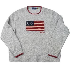 Polo Ralph Lauren American Flag Knit Sweater Gray XXL RL67 USA